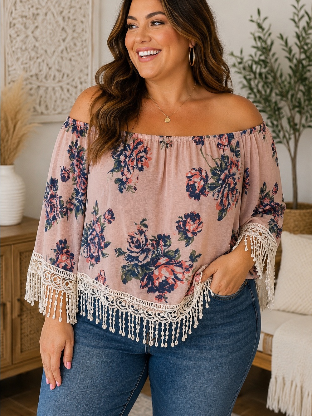 Liberty Love Blush Floral Off-Shoulder Top with Crochet Fringe